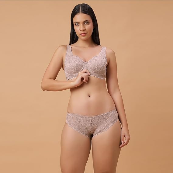 SOIE Women’s Lace Bra & Brief Set – Underwire, Non-Padded, Mid Rise